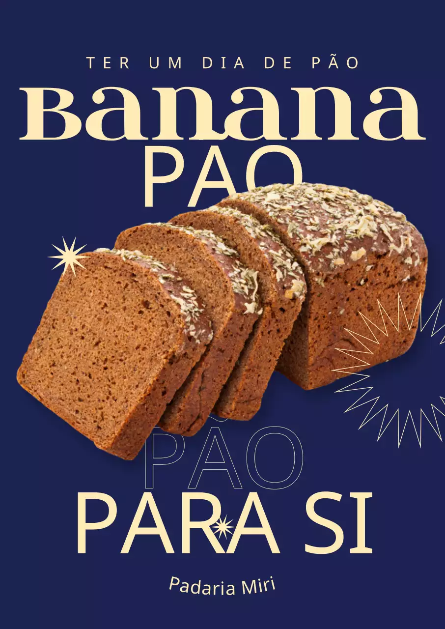 Um menu de padaria de café com imagens fotorrealistas de pão de banana, layouts de texto arrojados e gráficos geométricos.