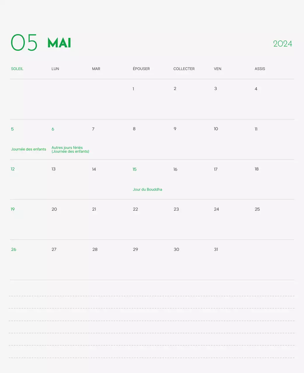 Un calendrier avec la photo d'un chiot et un message mignon aux accents verts.