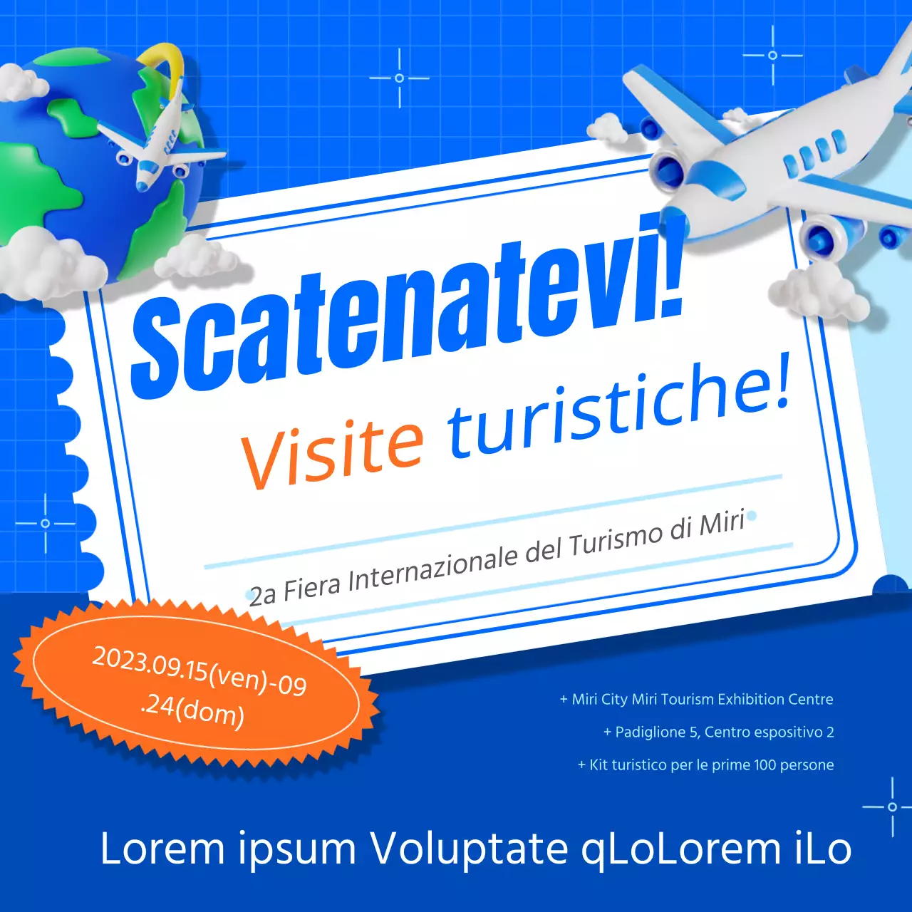 Promuovere una semplice fiera del turismo in blu e arancione