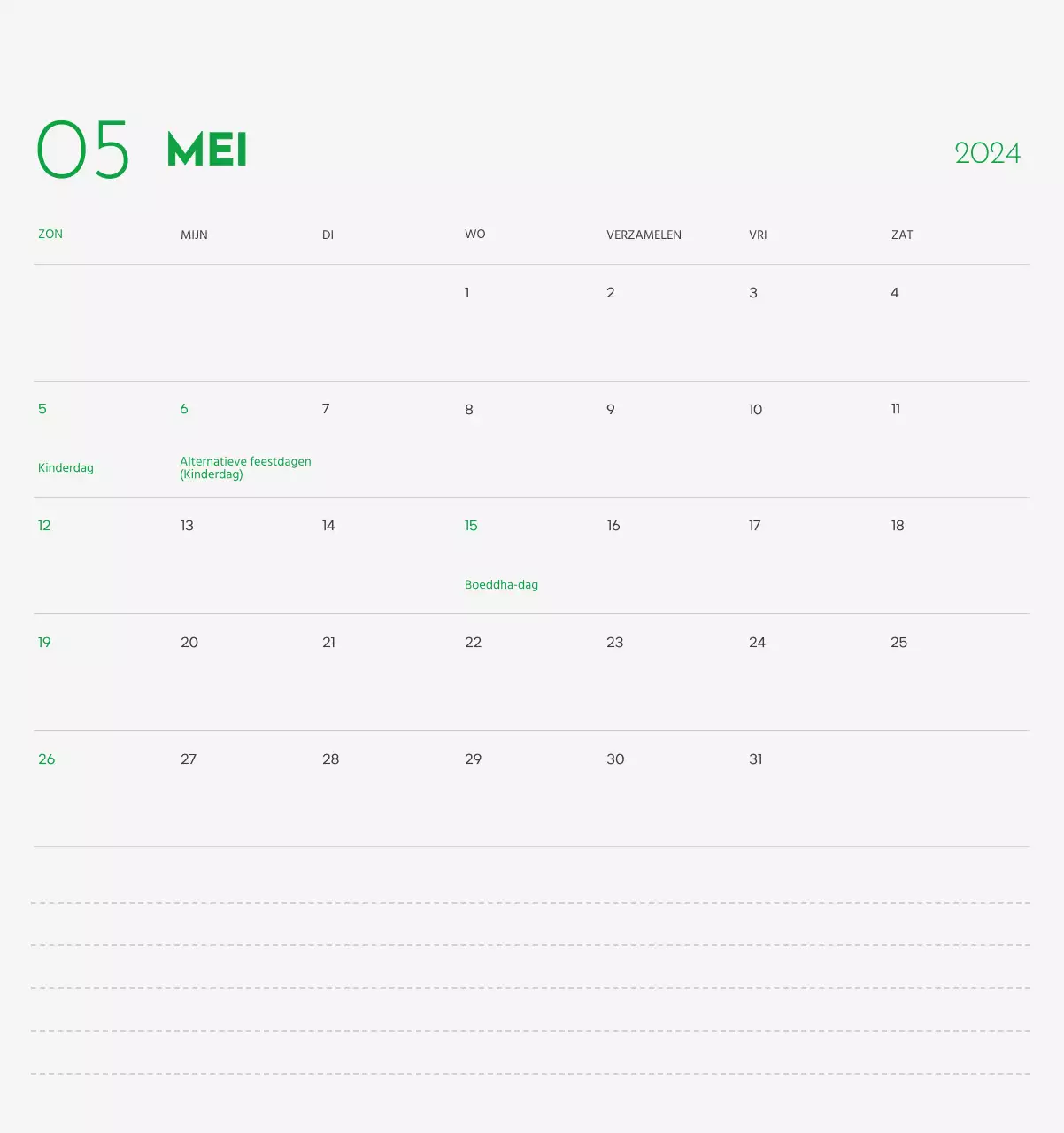 Een kalender met een afbeelding van een puppy en een schattige boodschap in groene accenten