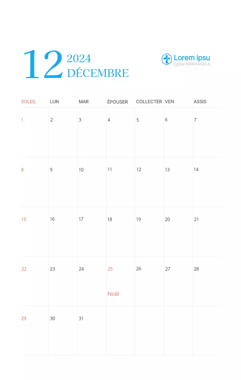Calendrier d'église moderne bleu