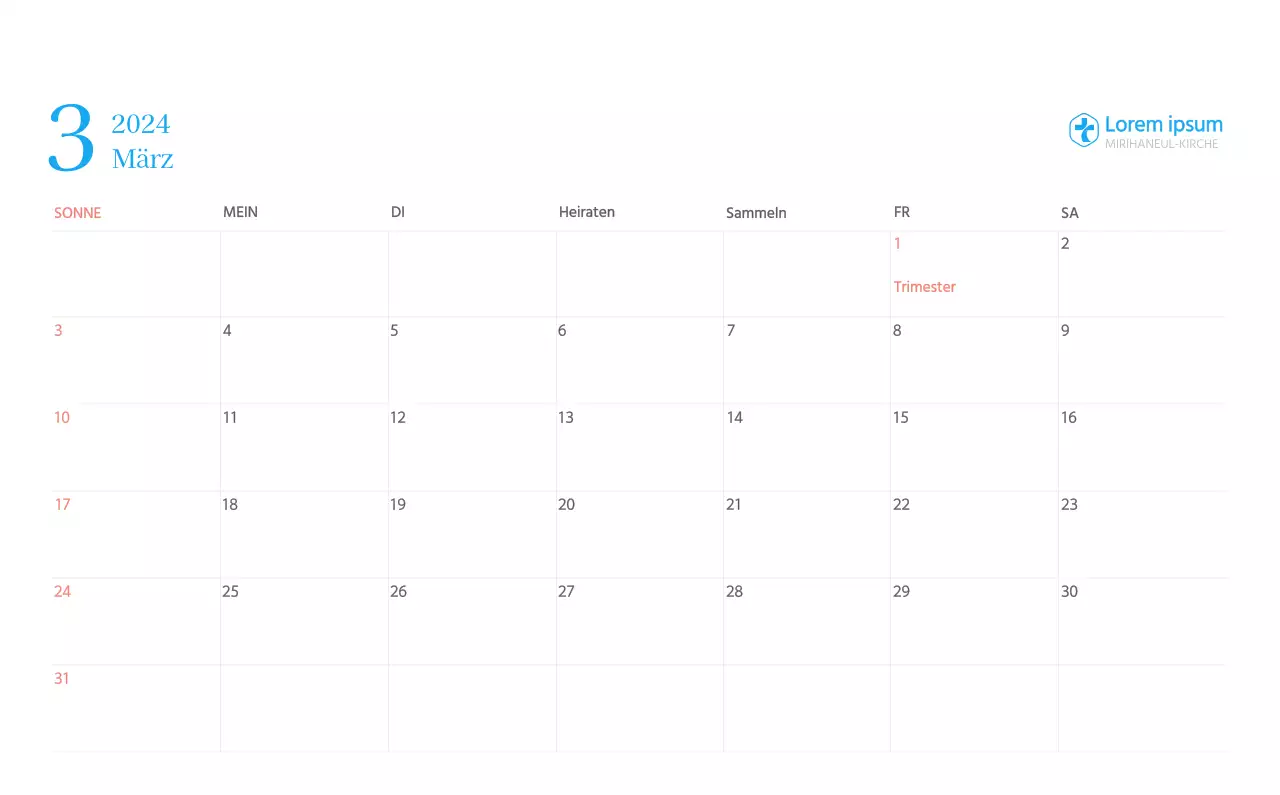 Blaues modernes Konzept Kirchenkalender