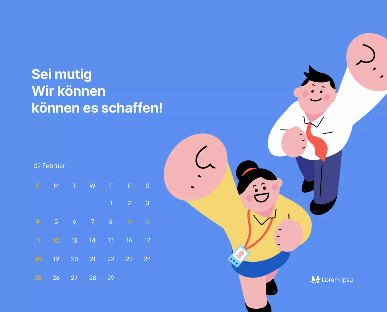 Motivationskalender mit energiegeladenen Illustrationen und positiven Zitaten auf hellblauem Hintergrund