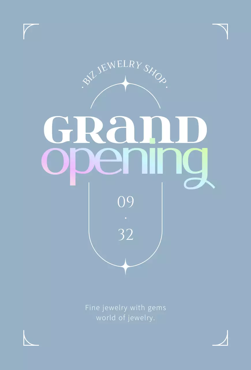 Um postal que promove a grande abertura de uma joalharia em tons de azul claro