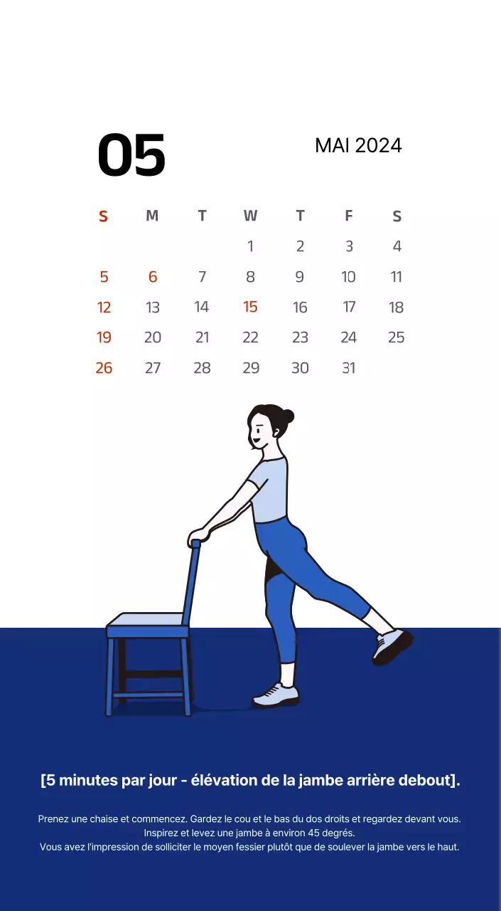 Calendrier simple avec des illustrations épurées en bleu