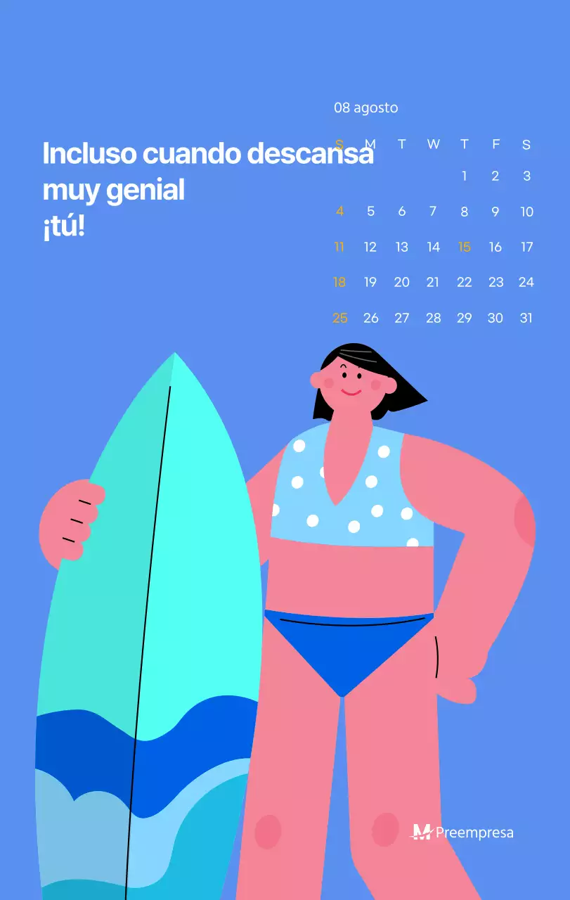 Calendario motivacional con ilustraciones llenas de energía y citas positivas sobre fondo azul claro