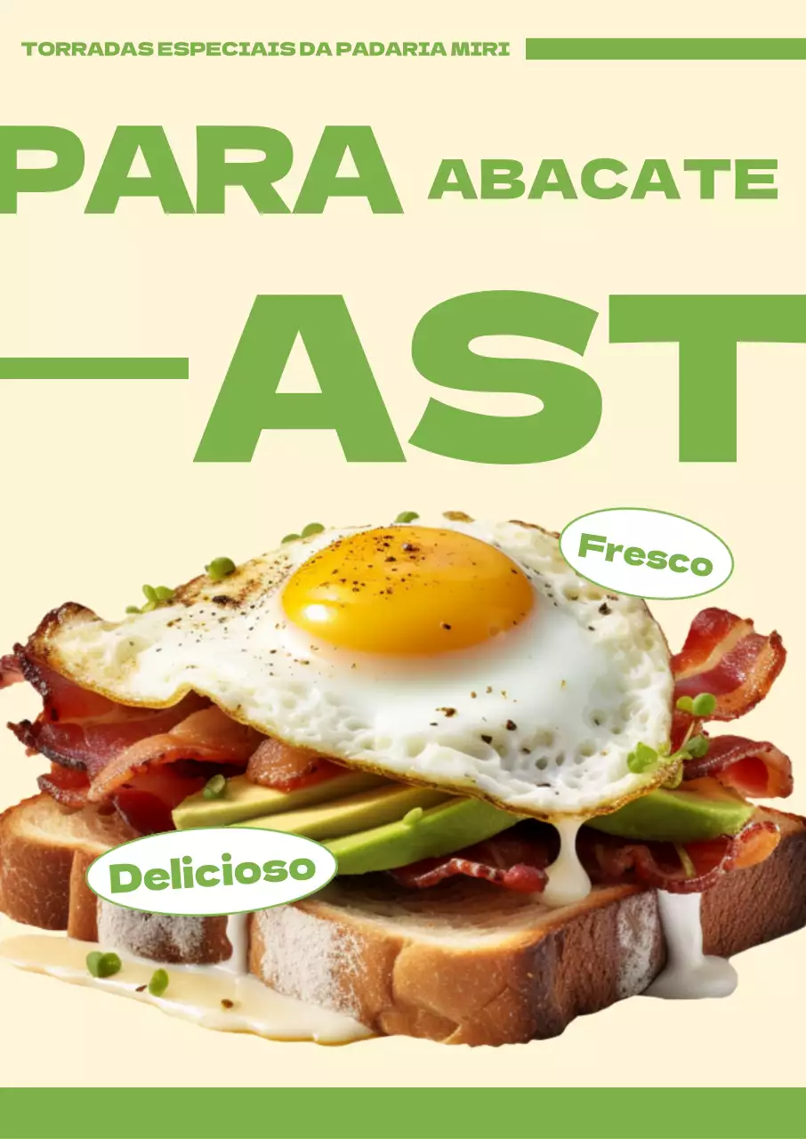 Brunch com tostas de abacate Um menu de padaria de café com imagens fotorrealistas, texto em negrito e toques de cor