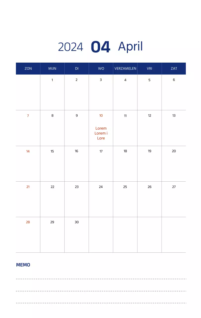 Eenvoudige kalender met strakke illustraties in blauw