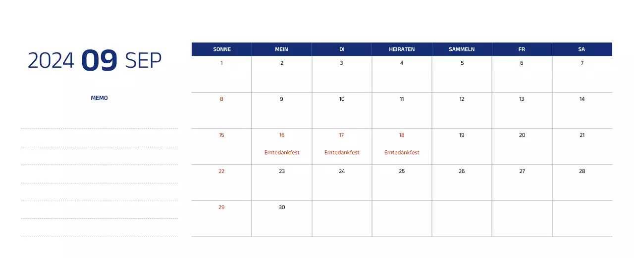 Einfacher Kalender mit klaren Illustrationen in Blau