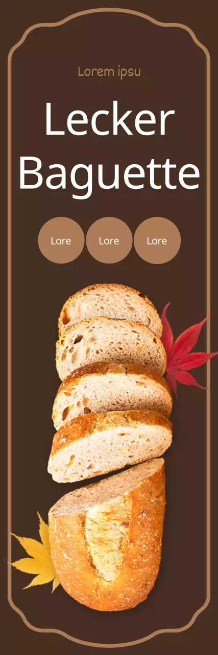 Werbung für eine Bäckerei mit gefallenen Blättern und Baguettes auf einem braunen Hintergrund