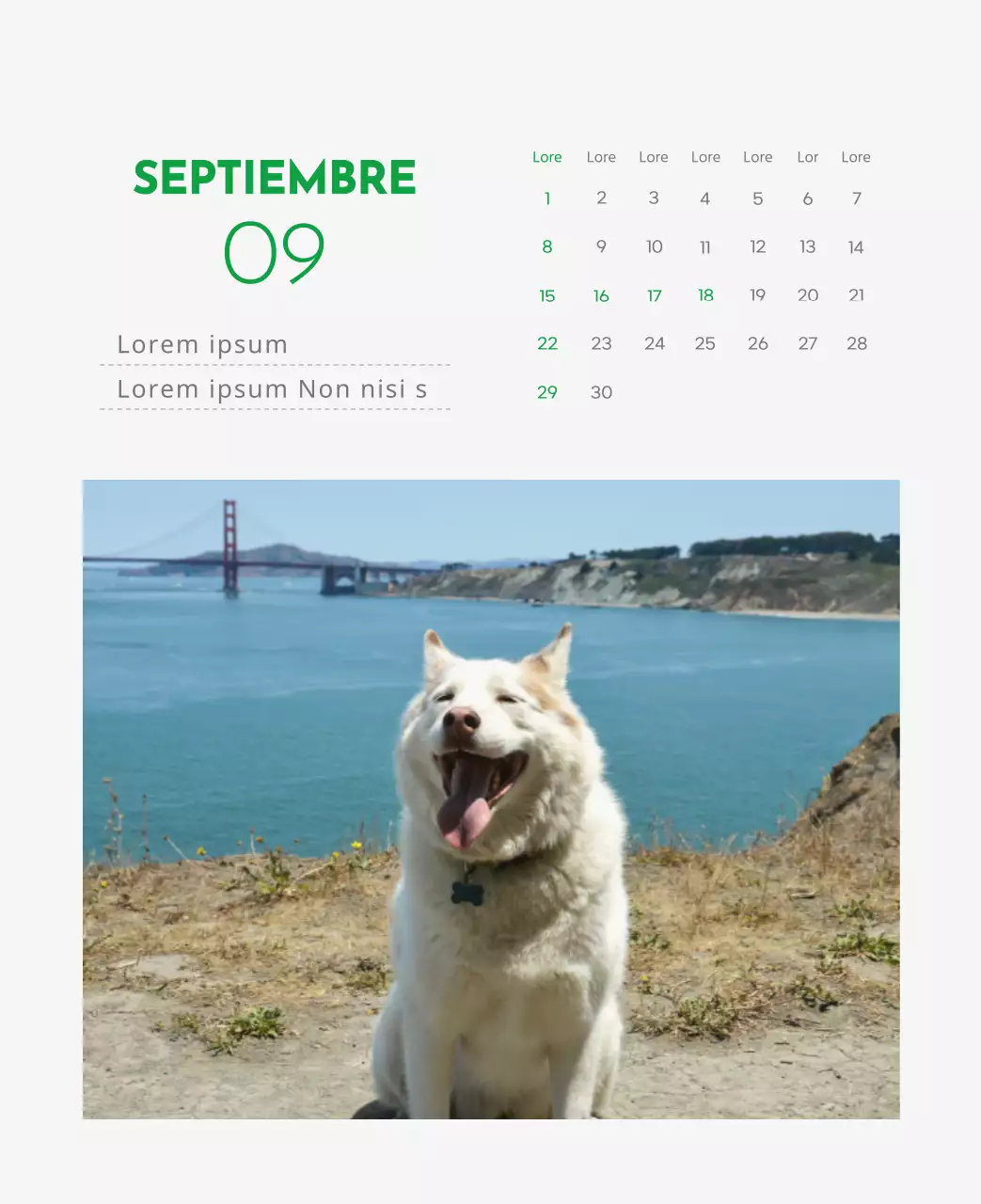 Un calendario con la imagen de un cachorro y un bonito mensaje en tonos verdes.