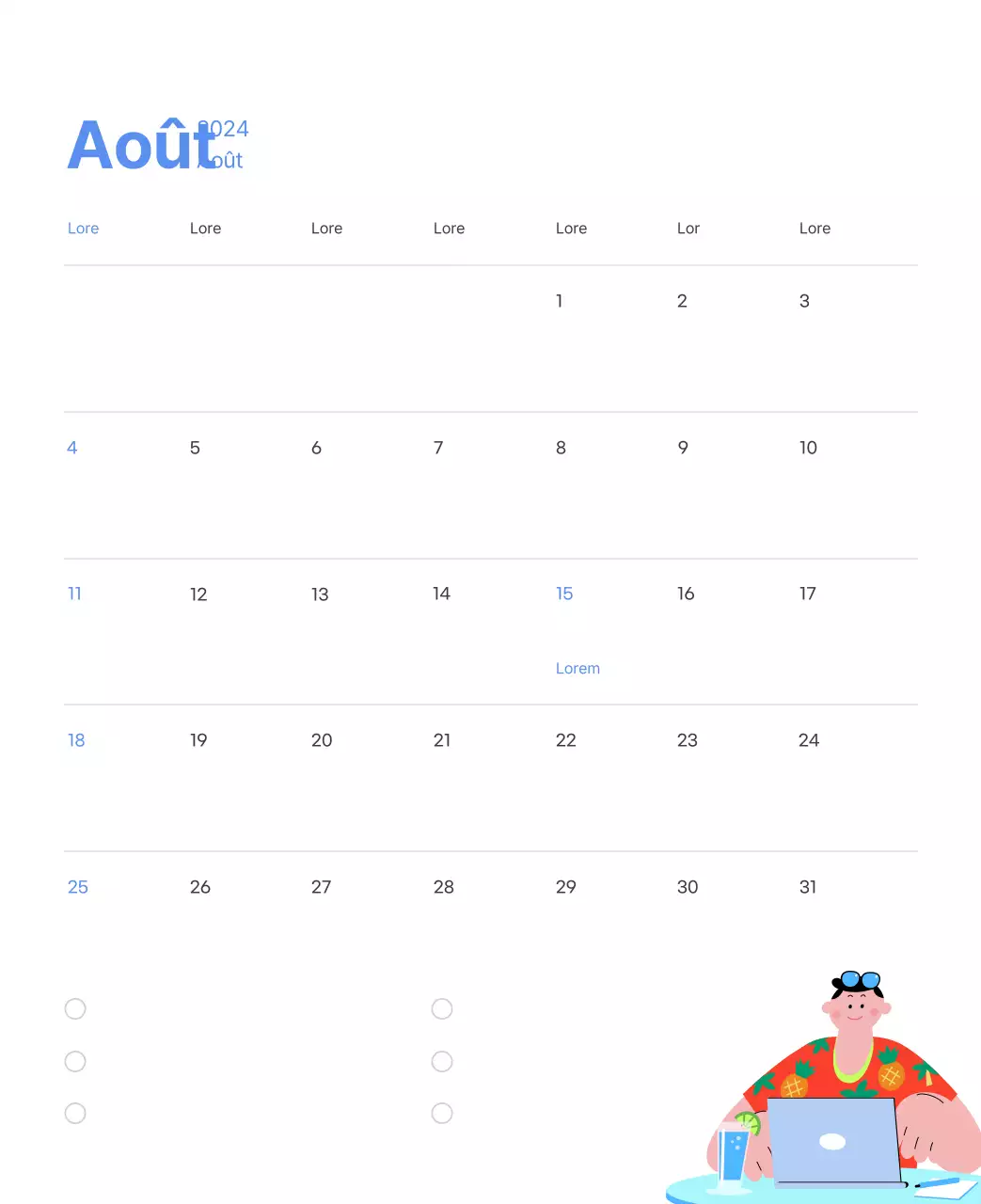 Calendrier de motivation avec des illustrations énergiques et des citations positives sur un fond bleu clair