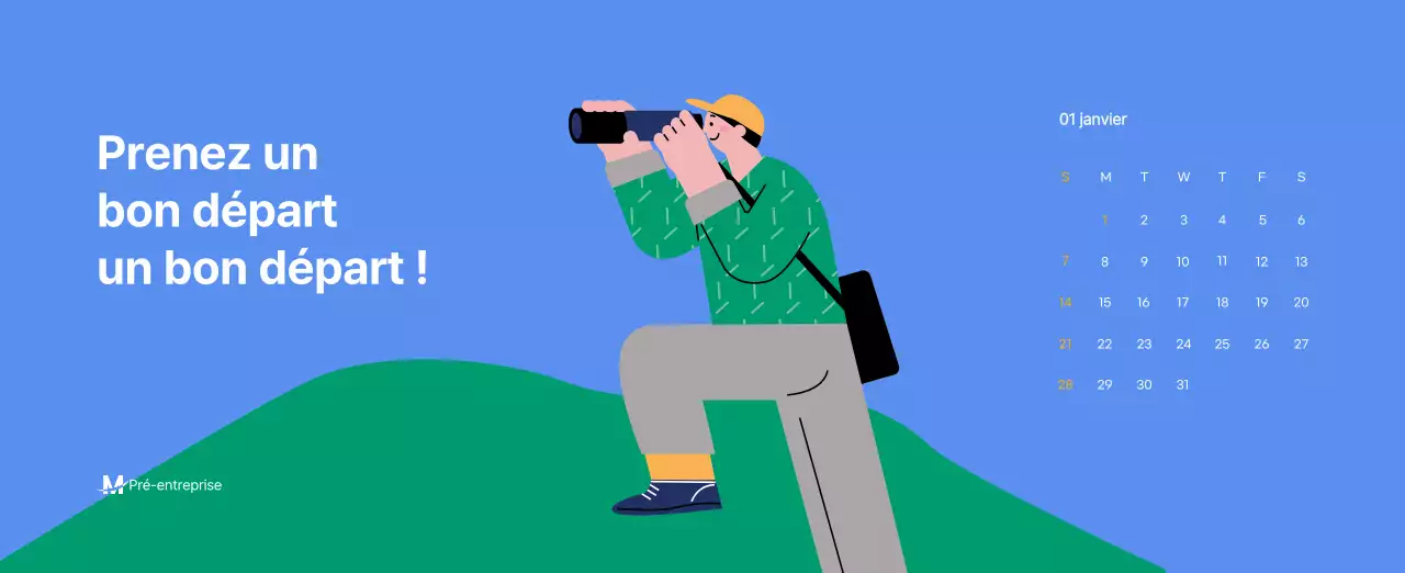 Calendrier de motivation avec des illustrations énergiques et des citations positives sur un fond bleu clair