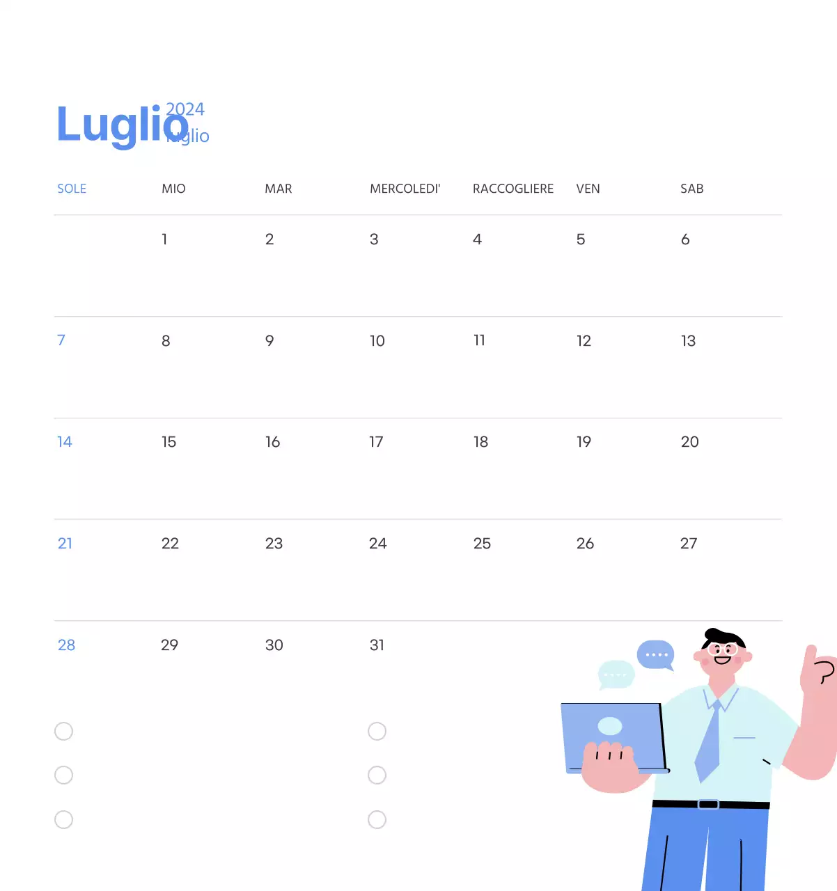 Calendario motivazionale con illustrazioni energetiche e citazioni positive su sfondo azzurro