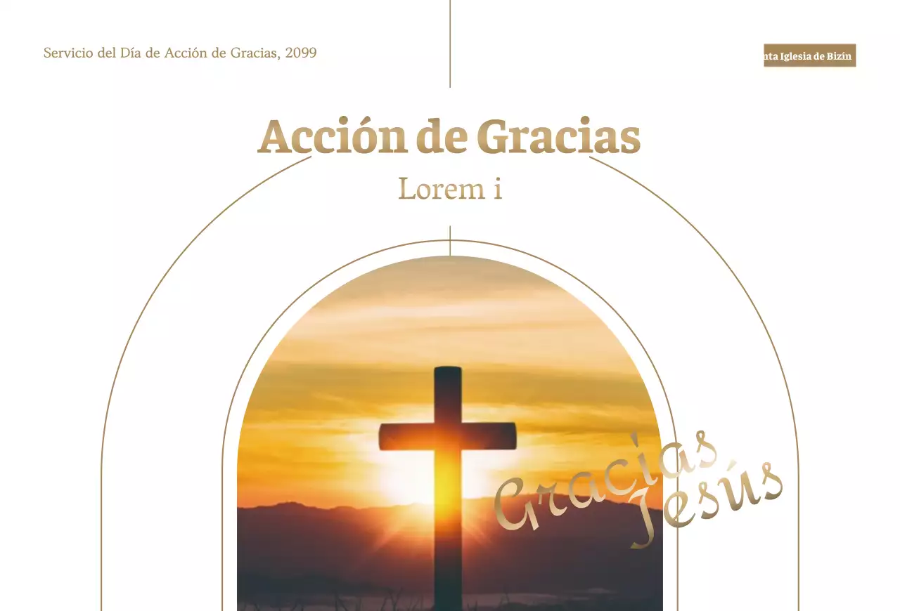 Elegante invitación de servicio de Acción de Gracias con texto en marrón e imagen de una cruz