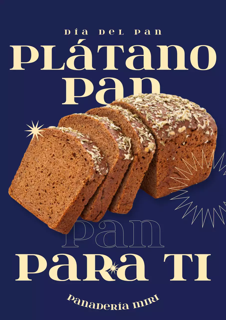 Menú de panadería de cafetería con imágenes fotorrealistas de pan de plátano y diseños de texto en negrita y gráficos geométricos.