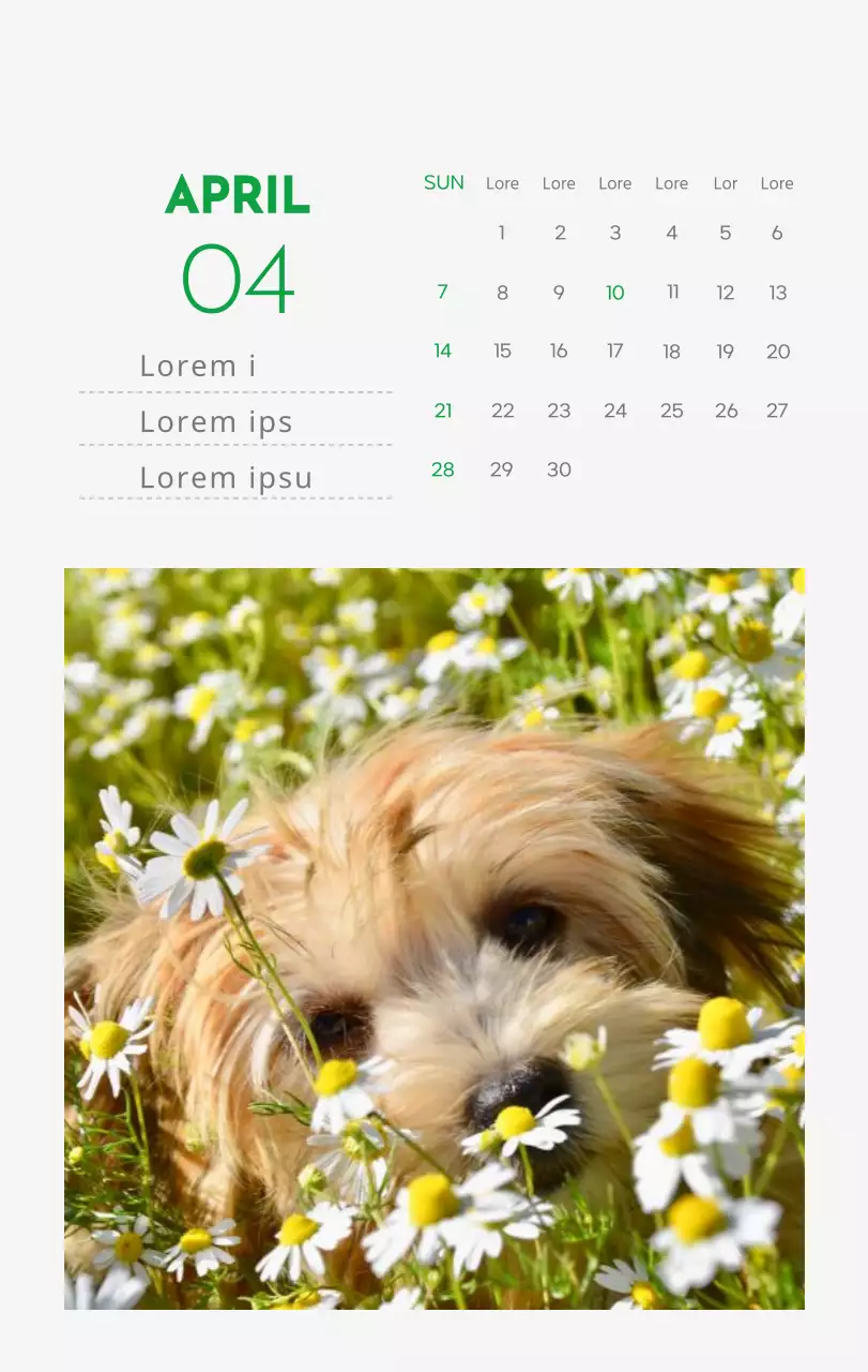 Ein Kalender mit einem Bild eines Welpen und einer niedlichen Botschaft in grünen Akzenten