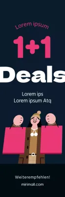 Winterwerbung mit einer Illustration einer Person, die eine Einkaufstasche mit rosafarbenen Punkten auf schwarzem Hintergrund trägt, wobei der Schwerpunkt auf "buy one get one free" liegt.