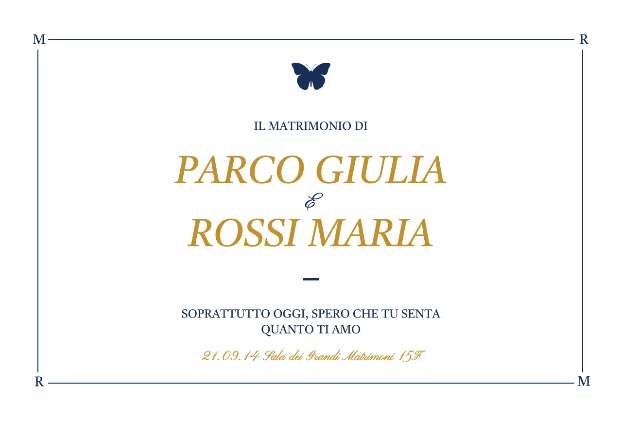 Invito di nozze dal design elegante con illustrazioni di farfalle in bianco e blu navy