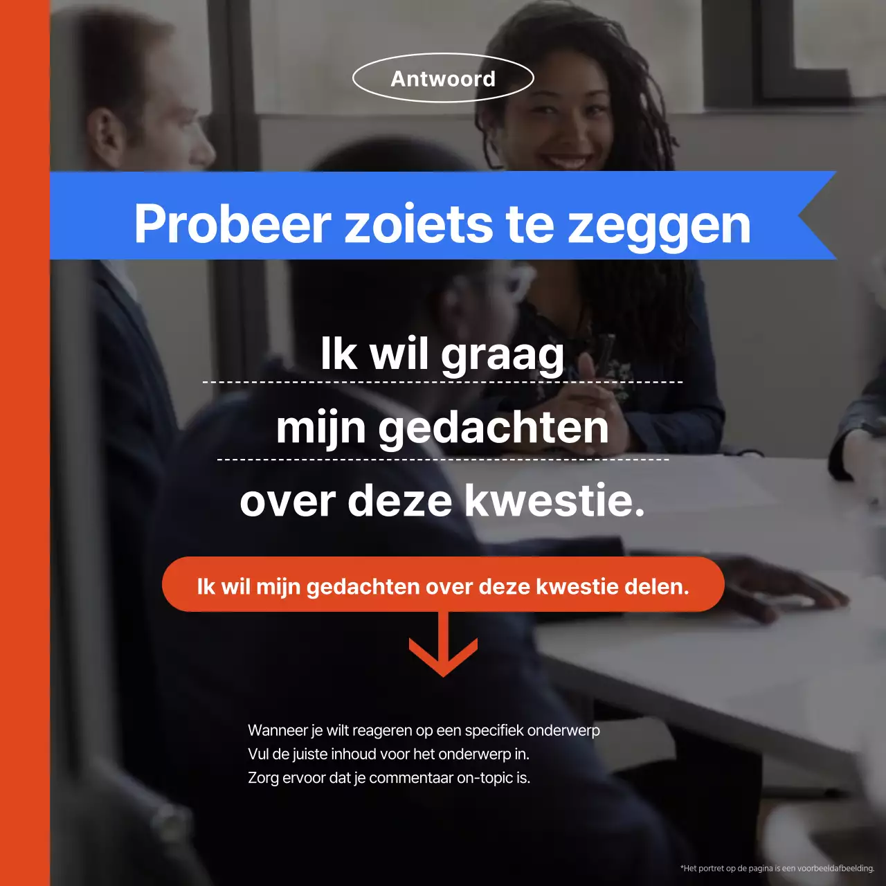 Een oranje en blauwe advertentie voor een spreekschool gericht op moderne professionals.