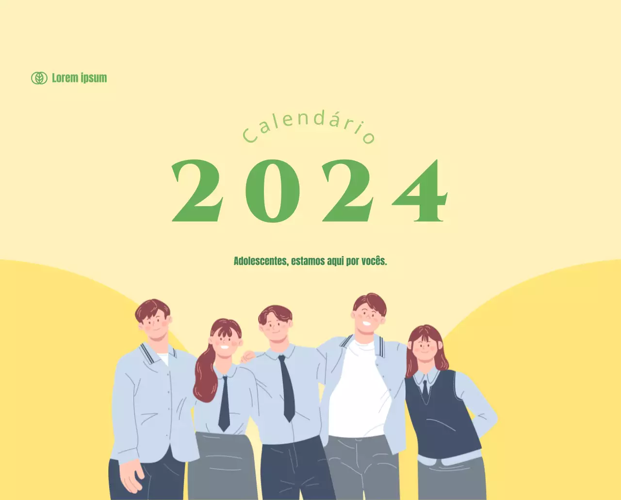 Calendário com ilustrações de jovens sobre um fundo amarelo e verde