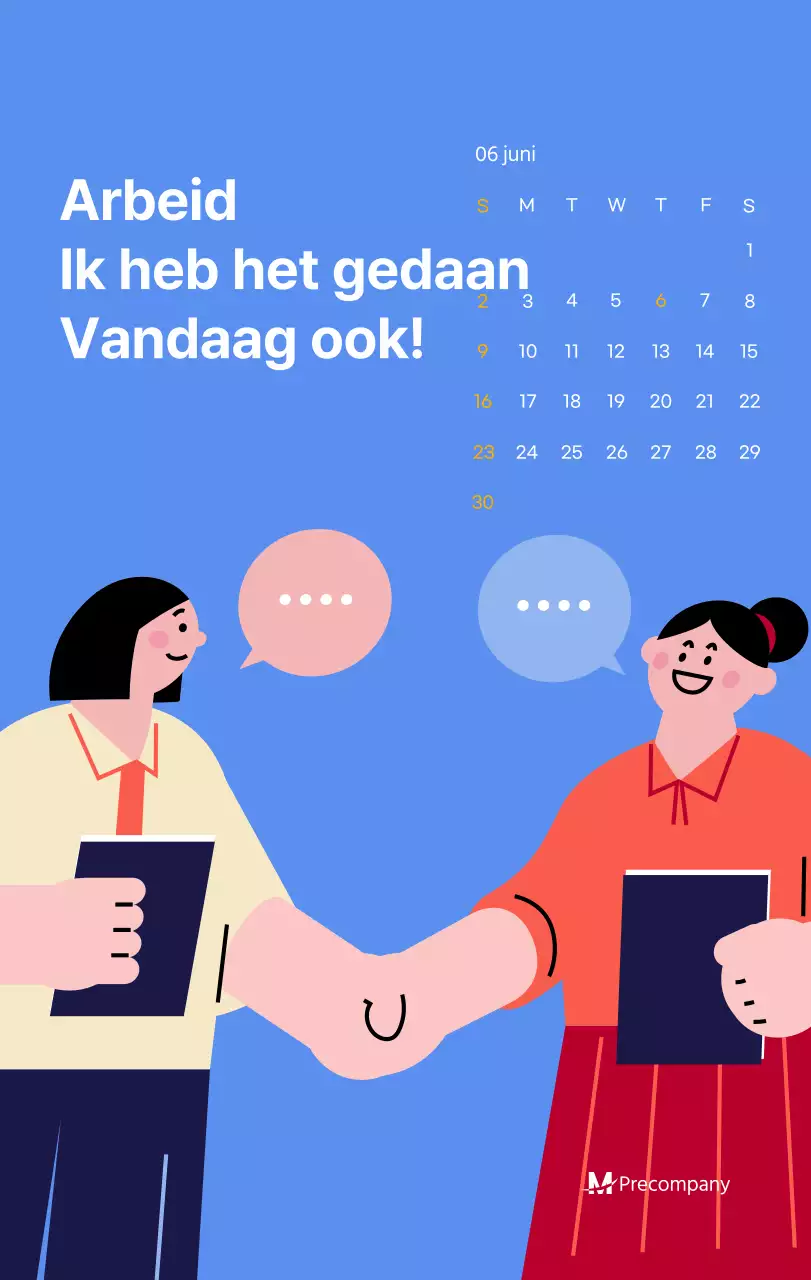 Motiverende kalender met energieke illustraties en positieve citaten op een lichtblauwe achtergrond