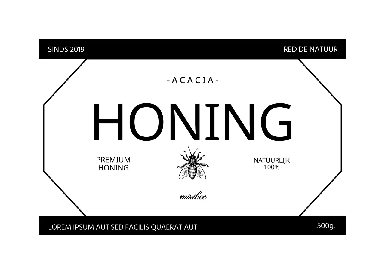 Eenvoudig, vintage honingetiket met zwart-witte bijenillustratie