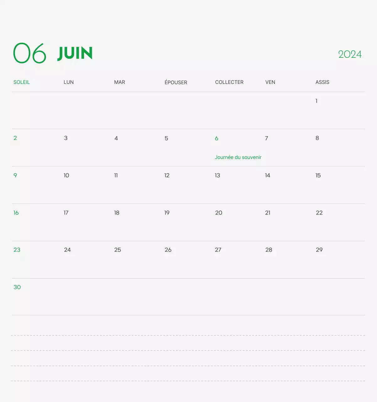 Un calendrier avec la photo d'un chiot et un message mignon aux accents verts.
