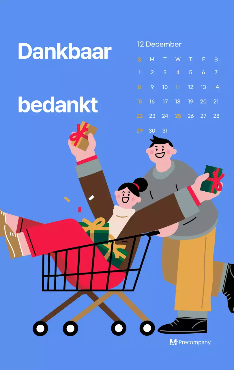 Motiverende kalender met energieke illustraties en positieve citaten op een lichtblauwe achtergrond