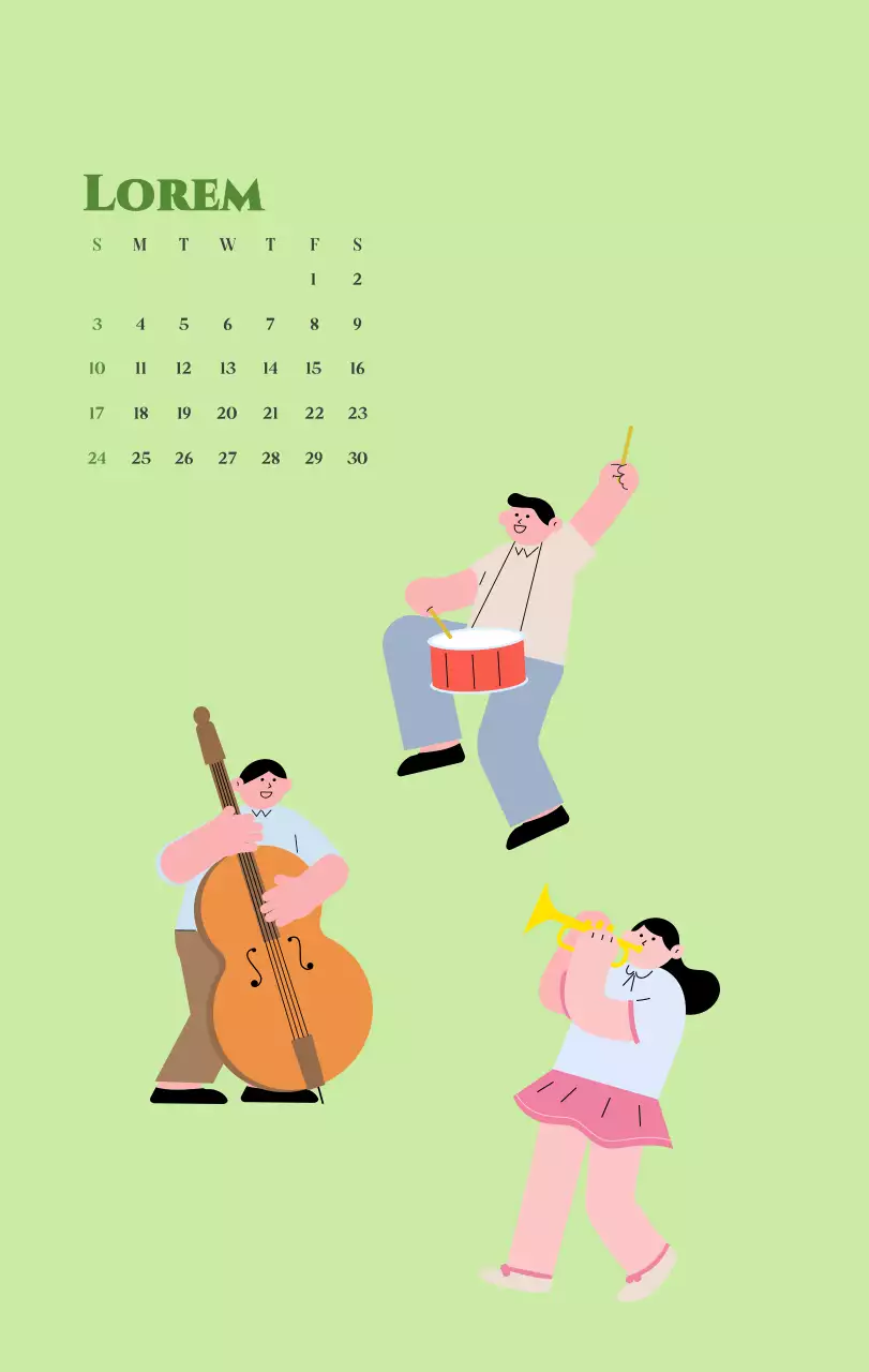 Calendrier avec illustrations de jeunes sur fond jaune et vert