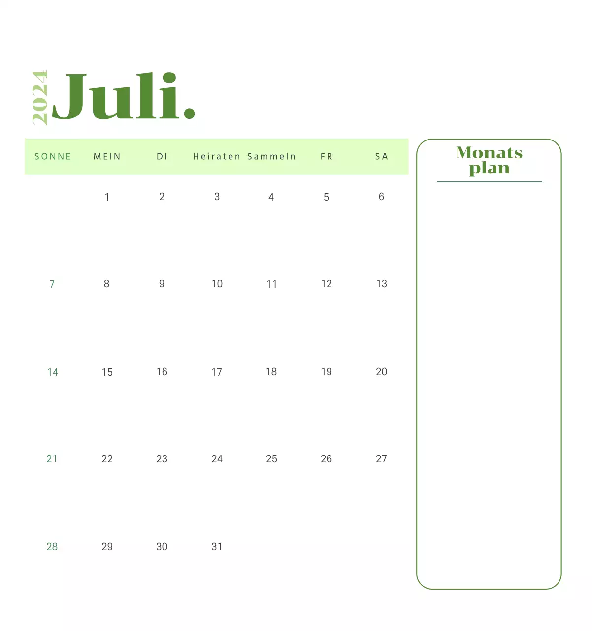 Kalender mit Jugendillustrationen auf gelbem und grünem Hintergrund