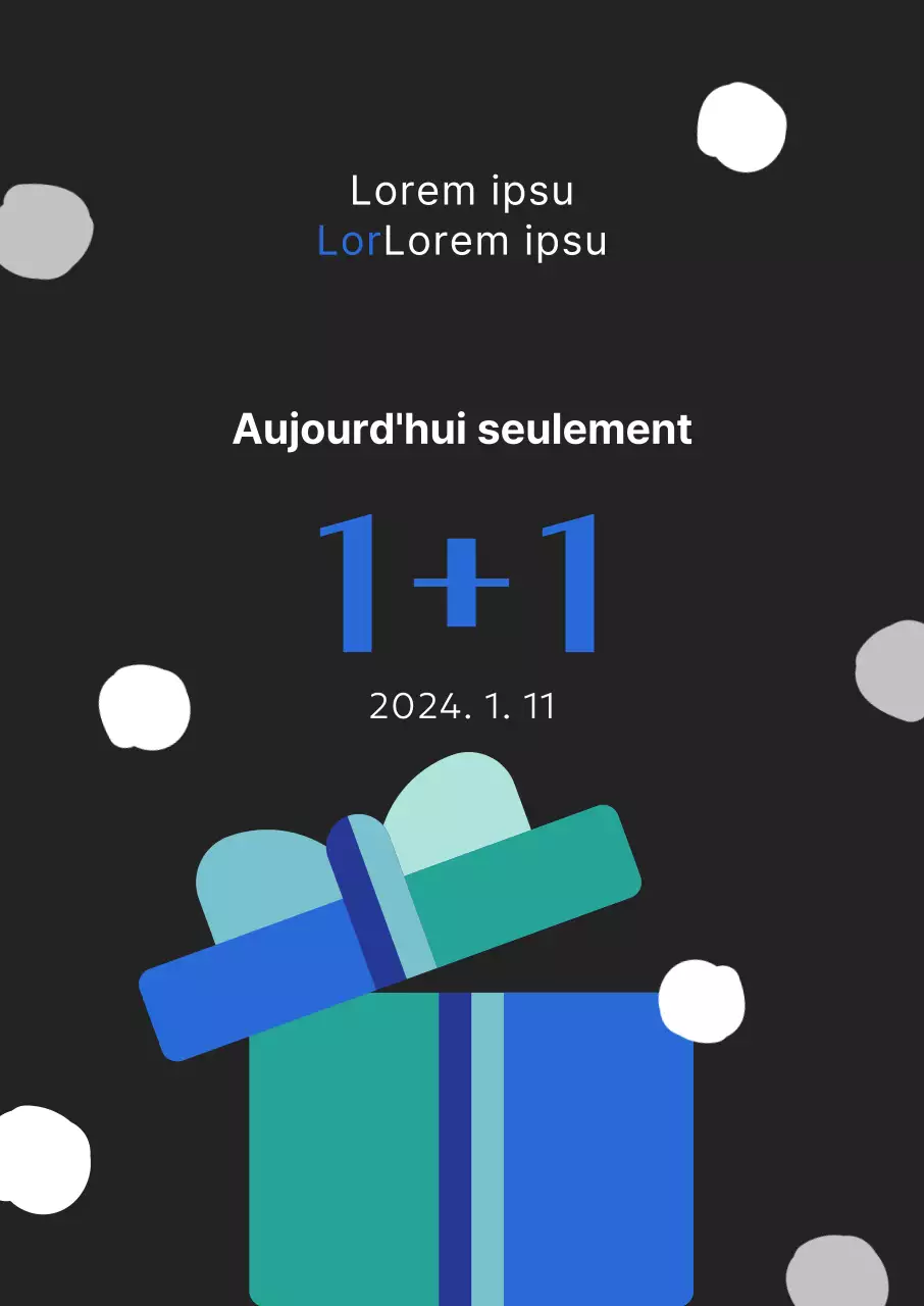 Promotion hivernale mettant en avant l'achat d'un produit, l'obtention d'un produit gratuit, avec un graphique de boîte cadeau en points bleus sur fond noir.