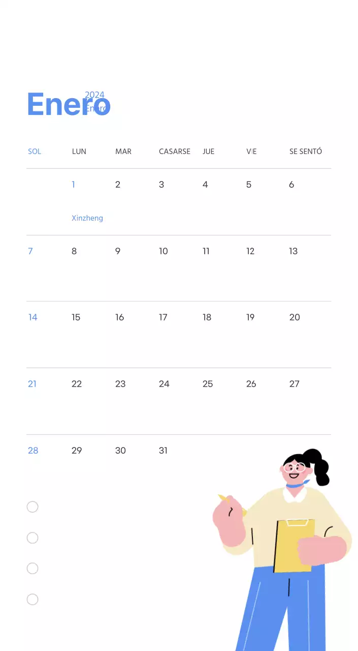 Calendario motivacional con ilustraciones llenas de energía y citas positivas sobre fondo azul claro