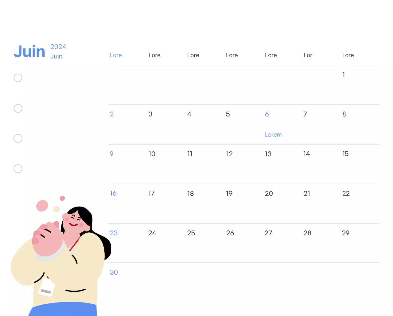 Calendrier de motivation avec des illustrations énergiques et des citations positives sur un fond bleu clair