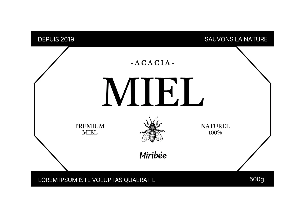 Étiquette de miel simple et vintage avec illustration d'abeille en noir et blanc