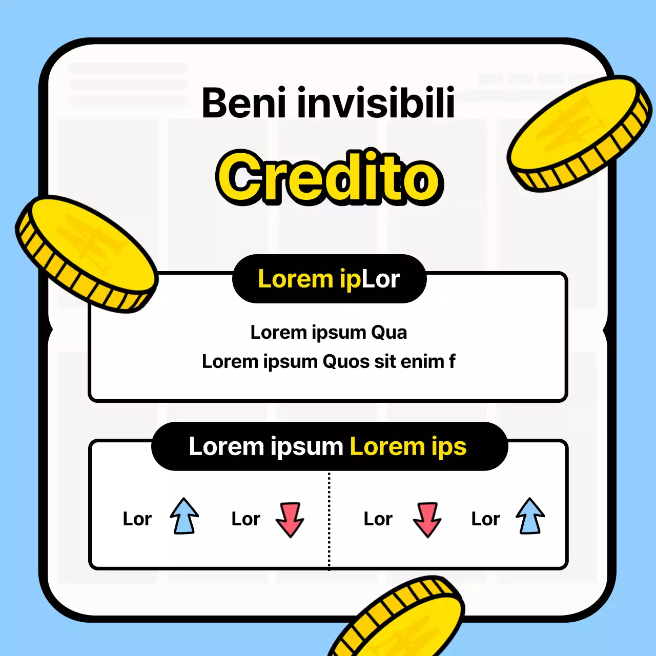 Materiale di formazione per la gestione del credito con sfondo azzurro, dal sapore kitsch