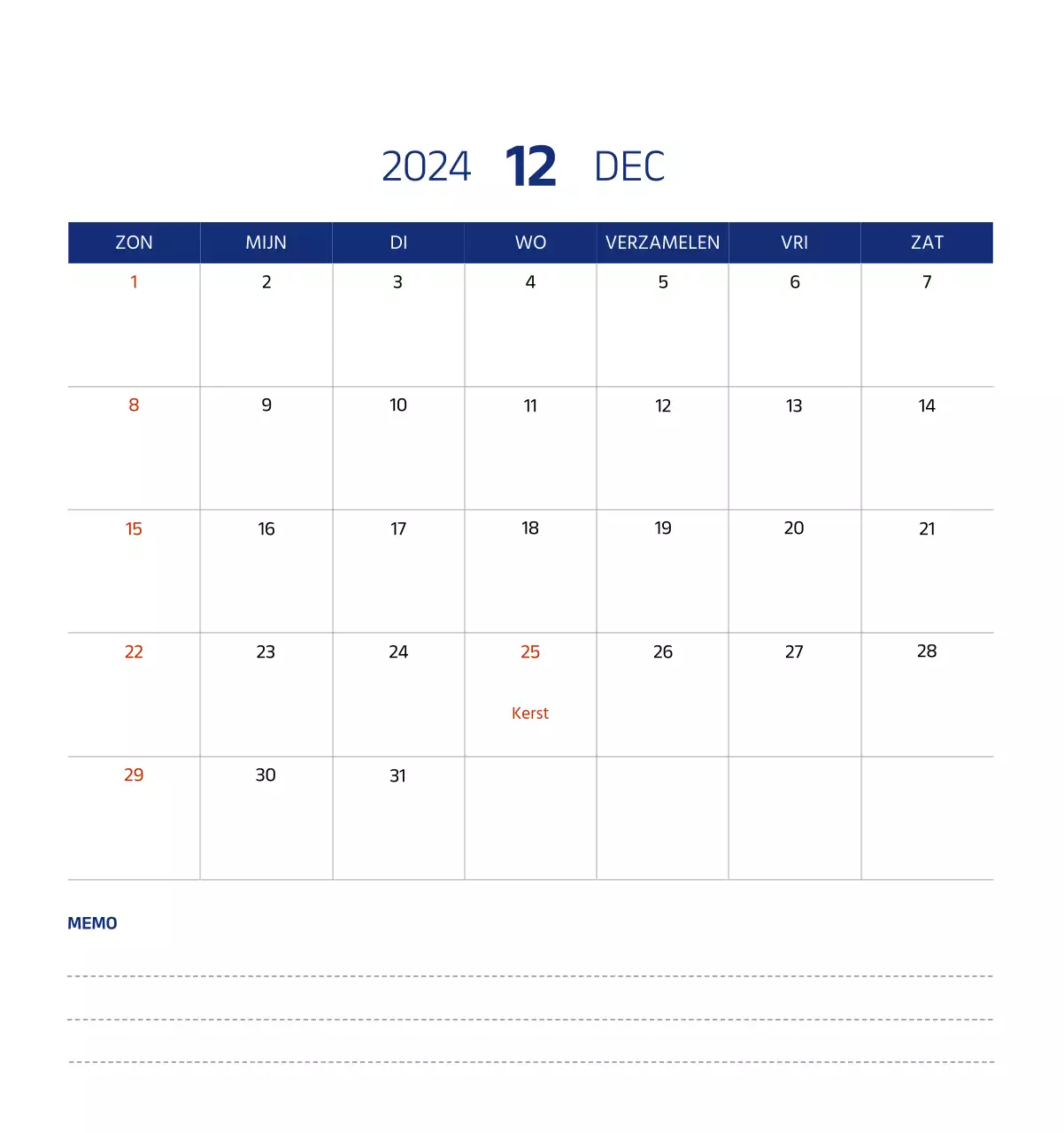 Eenvoudige kalender met strakke illustraties in blauw