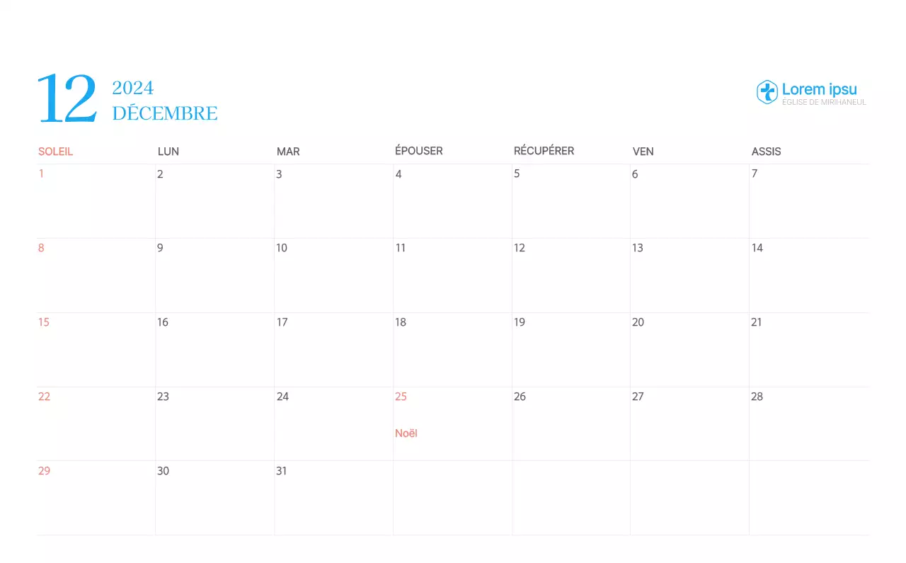 Calendrier d'église moderne bleu