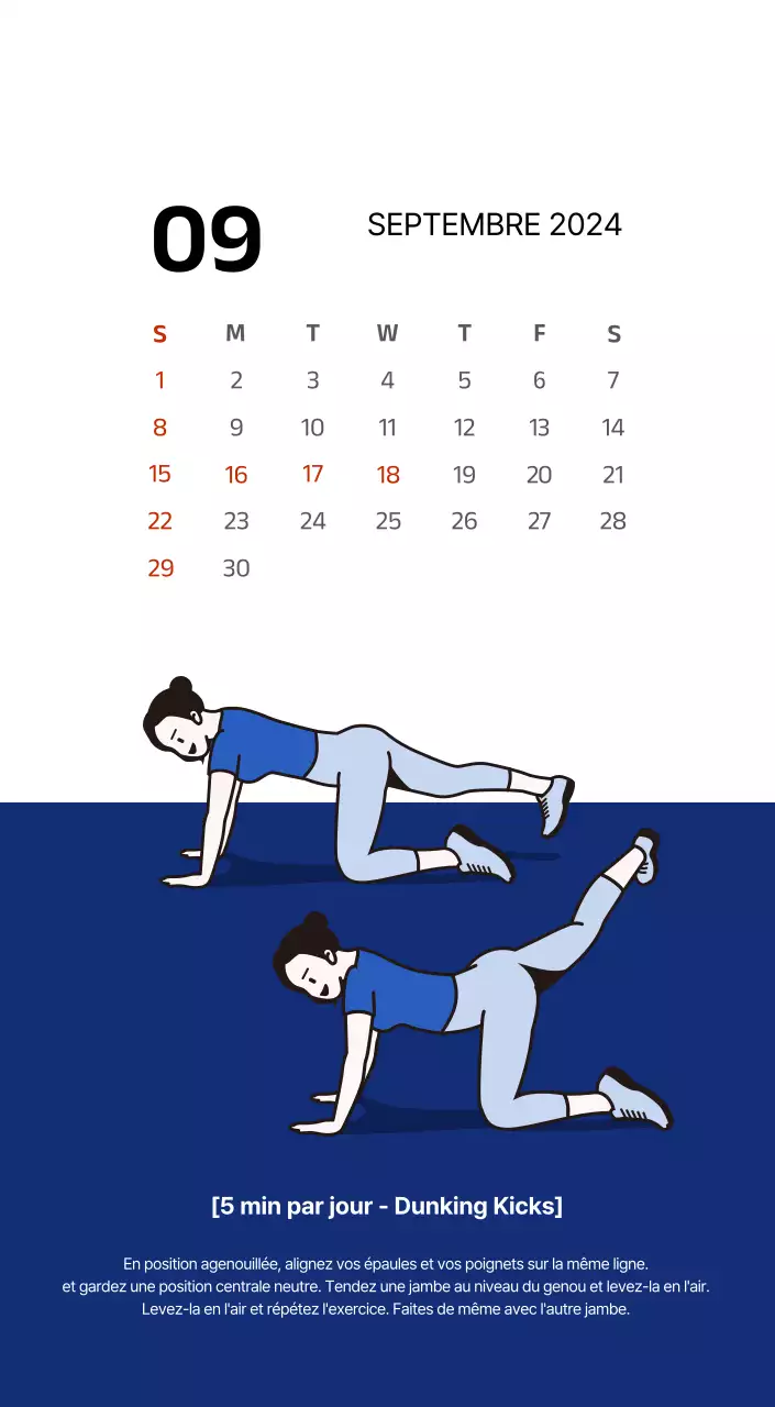 Calendrier simple avec des illustrations épurées en bleu