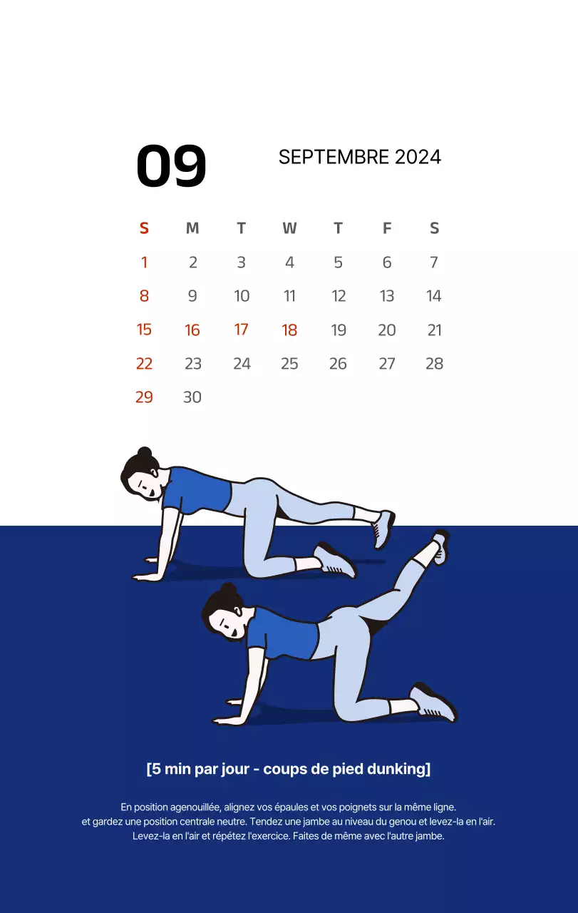 Calendrier simple avec des illustrations épurées en bleu