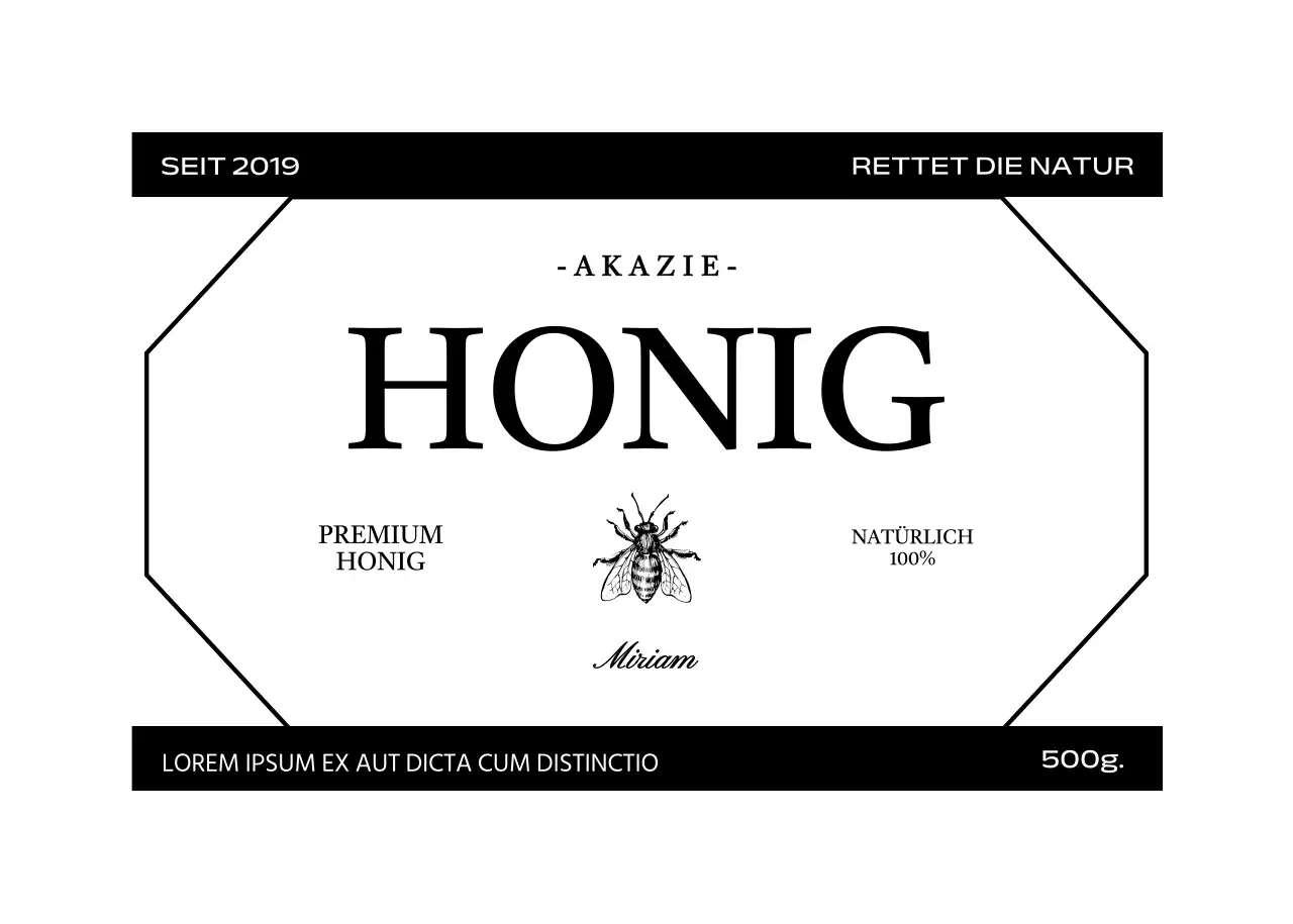 Einfaches, klassisches Honigetikett mit schwarzer und weißer Bienenillustration