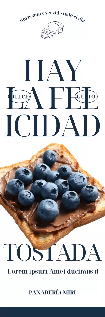 Menú de panadería de cafetería con imágenes fotorrealistas de pan tostado con arándanos y texto en inglés moderno y en negrita.