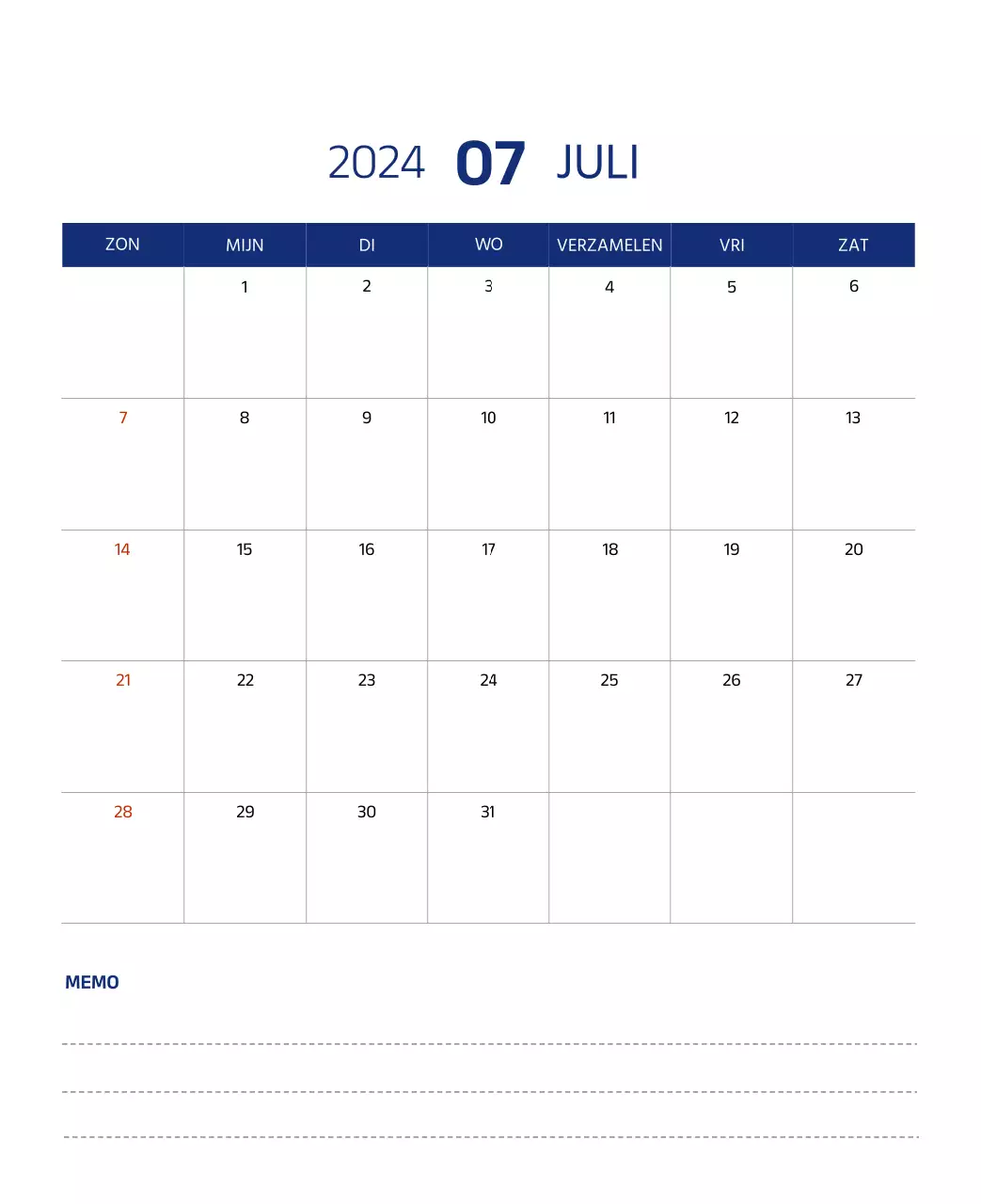 Eenvoudige kalender met strakke illustraties in blauw