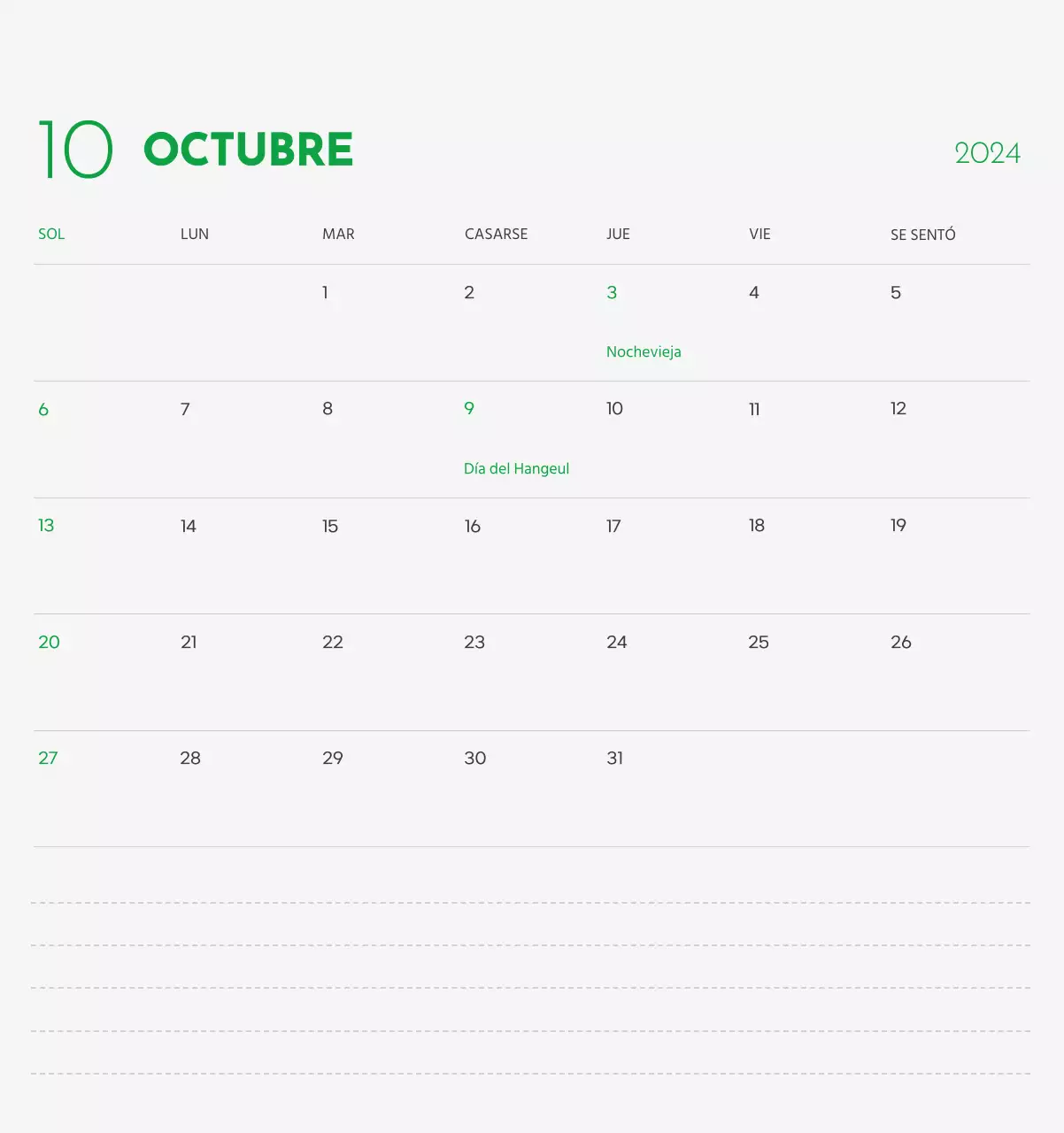 Un calendario con la imagen de un cachorro y un bonito mensaje en tonos verdes.