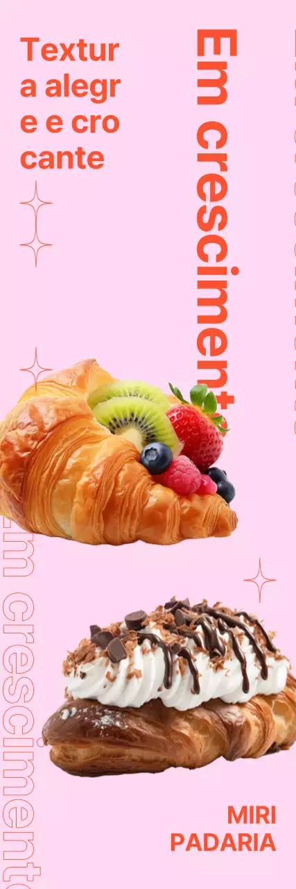 Um menu de padaria de café com imagens fotorrealistas de pãezinhos de croissant, layouts de texto arrojados e gráficos geométricos.