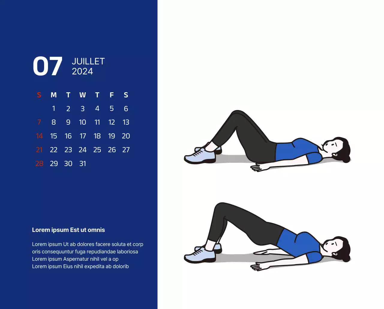 Calendrier simple avec des illustrations épurées en bleu