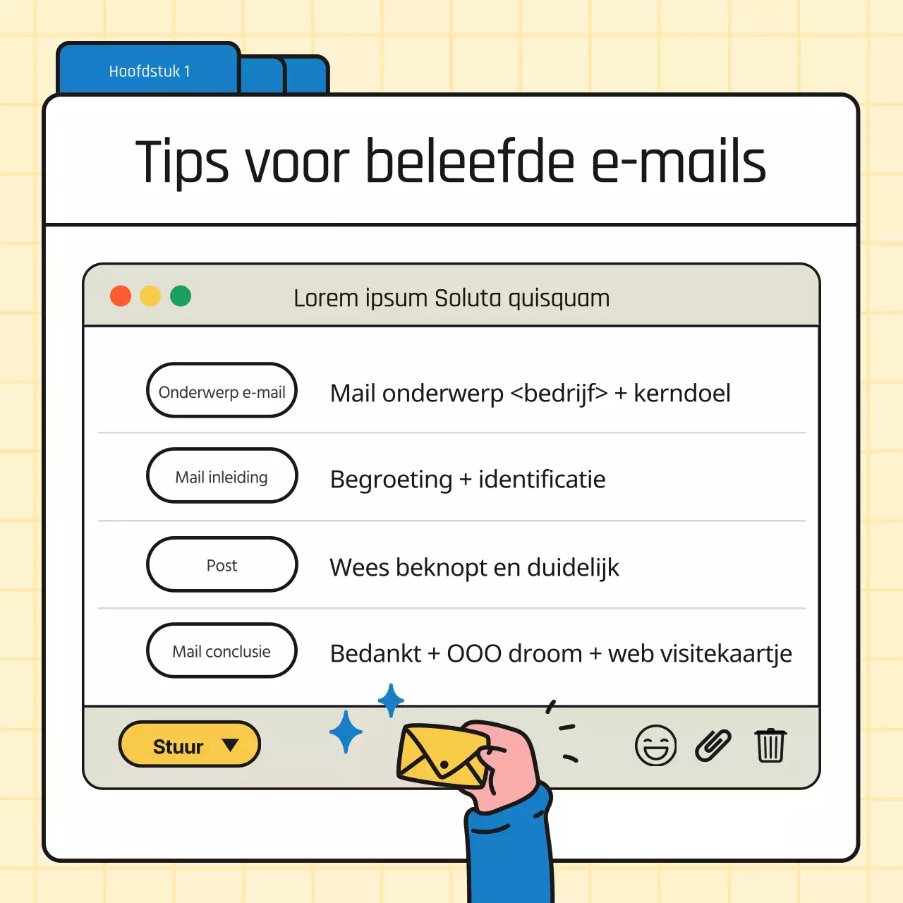 Promoot eenvoudige zakelijke tips in blauw en geel