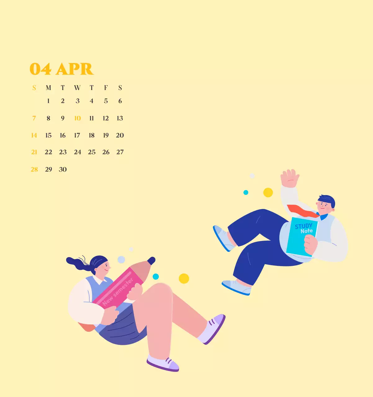 Calendario con illustrazioni giovanili su sfondo giallo e verde