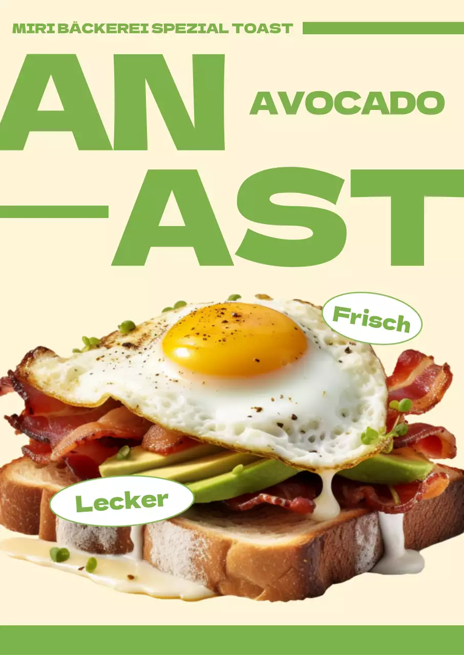 Avocado-Toast-Brunch Ein Café-Bäckerei-Menü mit fotorealistischen Bildern und fettgedrucktem Textlayout und Farbakzenten