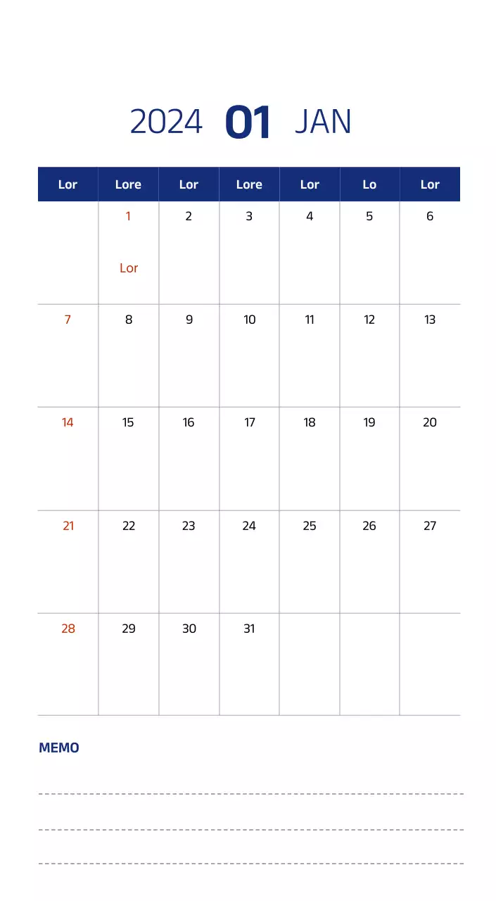 Einfacher Kalender mit klaren Illustrationen in Blau